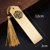 Decorative bookmark with tassel and measurements on a dark background