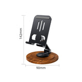 Phone holder with wooden base and dimensions on a white background