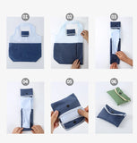 Step-by-step process of folding a blue and whiteAll-Purpose Reusable Grocery Bag on a white background