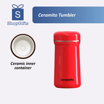 Red tumbler with ceramic inner container on a white background, featuring ShopGifts logo.
