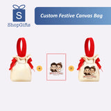 Custom festive canvas bag with red ribbon and personalized design on a white background