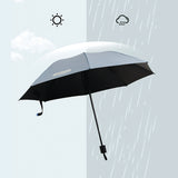 Black and blue umbrella with sun and rain icons on a light blue background