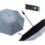 Blue umbrella with black handle and strap on a white background
