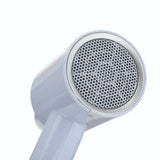White handheld hair dryer with a metallic finish on a white background