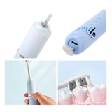Collage of a dental cleaning device with different views and uses.