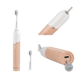 Collage of a white and beige electric toothbrush with charging case on a white background