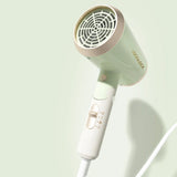 Green and white hair dryer on a light green background