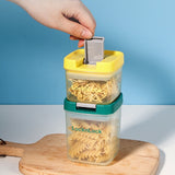 LocknLock food storage container with a yellow lid on a wooden cutting board against a blue background