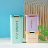 LocknLock containers in green, purple, and beige on a white surface with a blue background