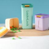 LocknLock storage containers with colorful lids on a wooden surface.