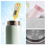 Collage of a digital thermometer, pink and white container, and metal component with '304' marking.