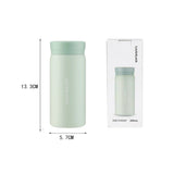 Light green thermos with dimensions and packaging on a white background