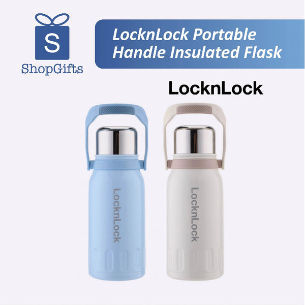Two LocknLock portable handle insulated flasks, one blue and one beige, on a white background with ShopGifts logo.
