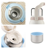 Collage of a stainless steel thermos with blue silicone lid and beige handle on a white background.