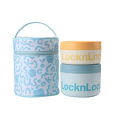 LocknLock food containers with blue and white patterned lid and blue base on a white background