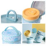 Collage of LocknLock product with blue and yellow lids on a white background