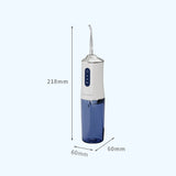 White and blue dental water flosser with dimensions on a white background