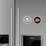 Two round magnets on a refrigerator door with beer and wine symbols.