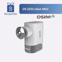 OSIM uGun Mini device with ShopGifts and Osim logos on a white background