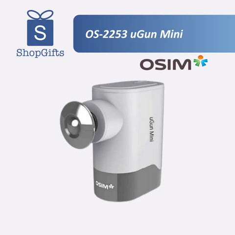 OSIM uGun Mini device with ShopGifts and Osim logos on a white background