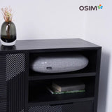 Gray pillow on a black shelf with 'OSIM' branding in the corner