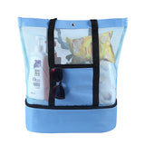 Blue mesh tote bag with black straps containing sunglasses and items on a white background