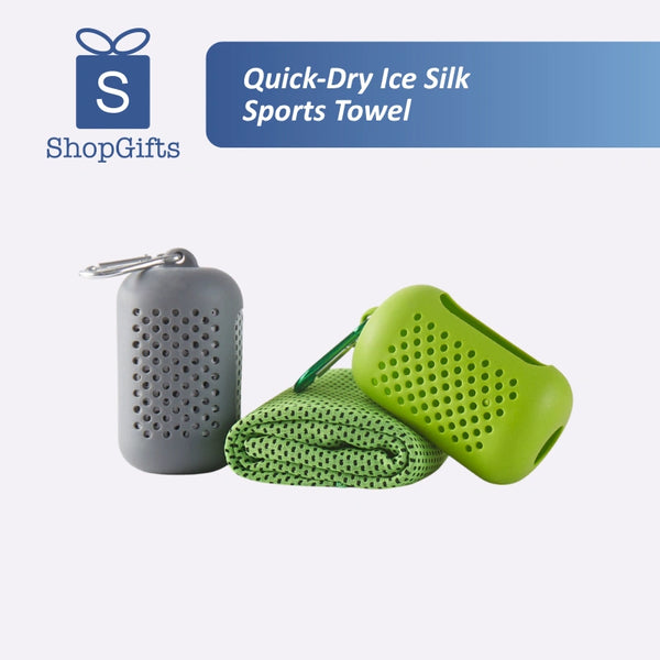 Green quick-dry ice silk sports towel with gray holder on a white background, featuring ShopGifts logo.