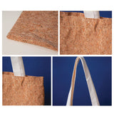 Collage of cork fabric and a cork tote bag on a blue background