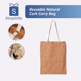 Reusable natural cork carry bag with 'ShopGifts' branding on a light blue background.