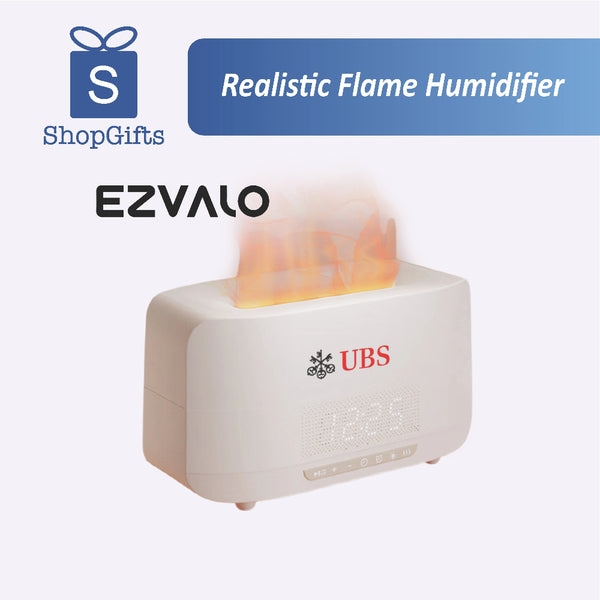 Realistic flame-effect humidifier emitting mist with warm glow