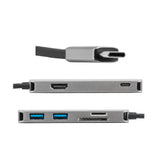 USB-C video adapter with 4K HDMI output and multi-format card support.