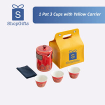Red tea set with yellow carrier box on a white background, featuring ShopGifts branding.