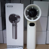 Handheld fan with packaging on a tiled wall background