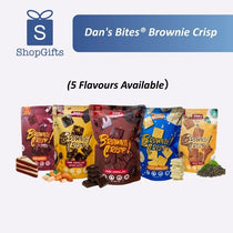 Dan's Bites Brownie Crisp packages with five available flavors.