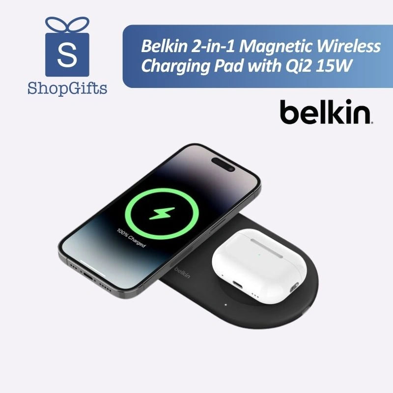Sleek Black BoostCharge Pro 2-in-1 Magnetic Charging Pad with smartphone and earbuds charging simultaneously_ Customised Corporate Gifts