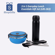 Premium Insulated Office Dining Gift Set with blue lunch box, black thermal flask, and stainless steel cutlery_Customised Corporate Gifts