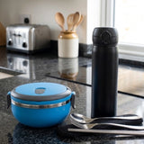 Premium Insulated Office Dining Gift Set with blue lunch box, black thermal flask, and stainless steel cutlery_Customised Corporate Gifts