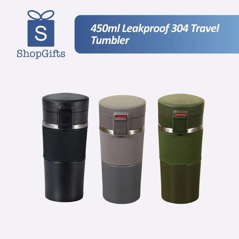 450ml SUS304 Leakproof Travel Tumbler in five colours on a clean tabletop display_corporate gifts singapore