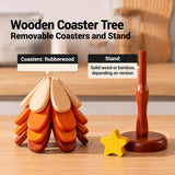 4pcs Wooden Coster Tree in natural and brown wood tones with a yellow star beside a coffee mug_customised Corporate Gifts