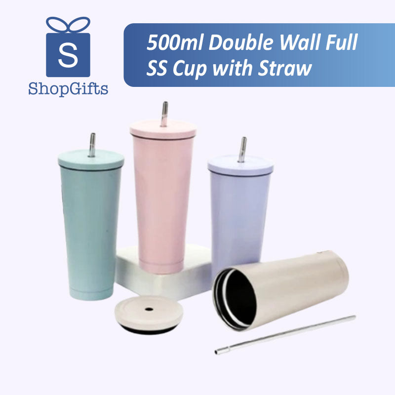 500ml Double Wall Full SS Cup with Straw
