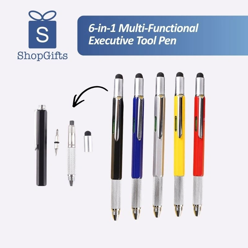 Blue Precision 6-in-1 Multi-Tool Executive Pen with silver textured grip and integrated level on white background_corporate door gift