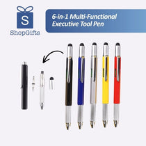 Blue Precision 6-in-1 Multi-Tool Executive Pen with silver textured grip and integrated level on white background_corporate door gift