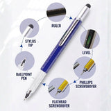 Blue Precision 6-in-1 Multi-Tool Executive Pen with silver textured grip and integrated level on white background_corporate door gift