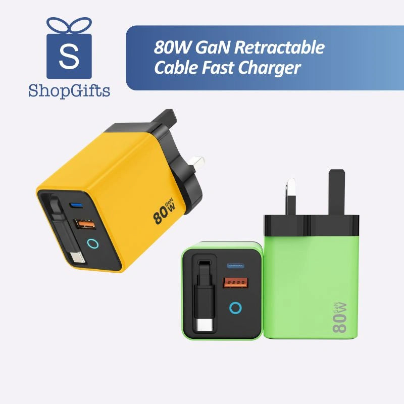 Sleek 80W GaN Retractable Fast Charging Hub with integrated USB-C cable for laptops and smartphones