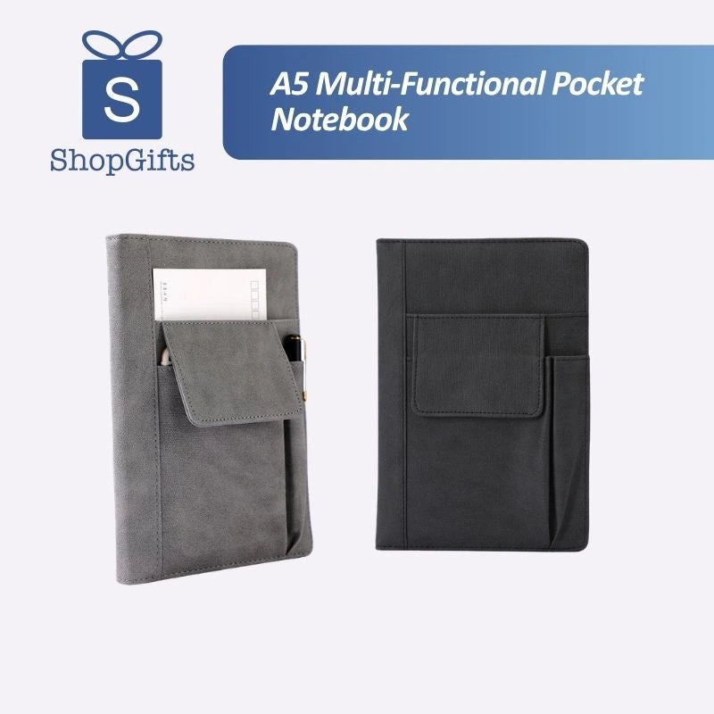 Grey Suede A5 Executive Notebook with external pocket and pen holder on a minimalist desk_corporate door gift
