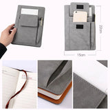Grey Suede A5 Executive Notebook with external pocket and pen holder on a minimalist desk_corporate door gift