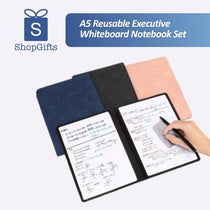 A5 Reusable Executive Whiteboard Notebook in navy blue vegan leather with erasable pages and cleaning cloth. Corporate Gift shop