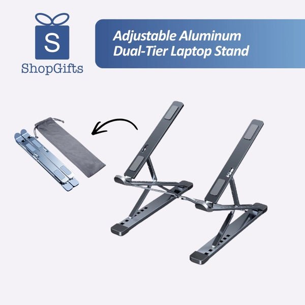 Space Grey Dual-Tier Aluminum Laptop Stand with Foldable Design and Silicone Grips_customised gifts singapore