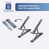 Space Grey Dual-Tier Aluminum Laptop Stand with Foldable Design and Silicone Grips_customised gifts singapore