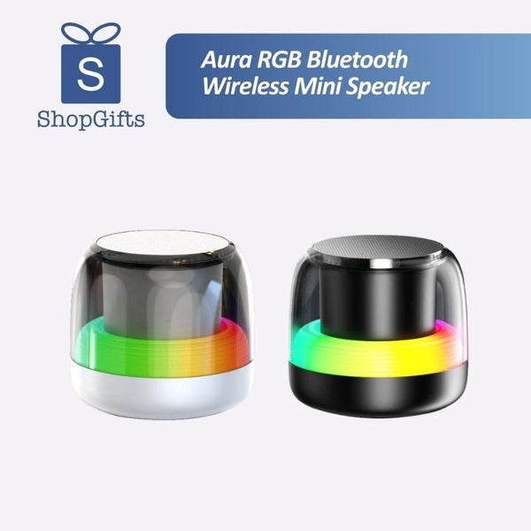 Sleek black and white Aura RGB Wireless Portable Mini Speaker with glowing rainbow LED ring _ corporate gift